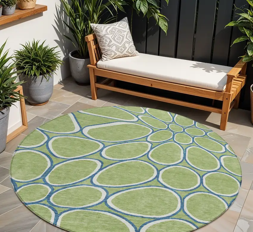 8' Artichoke Green And Ivory Round Abstract Washable Indoor Outdoor Area Rug Photo 1