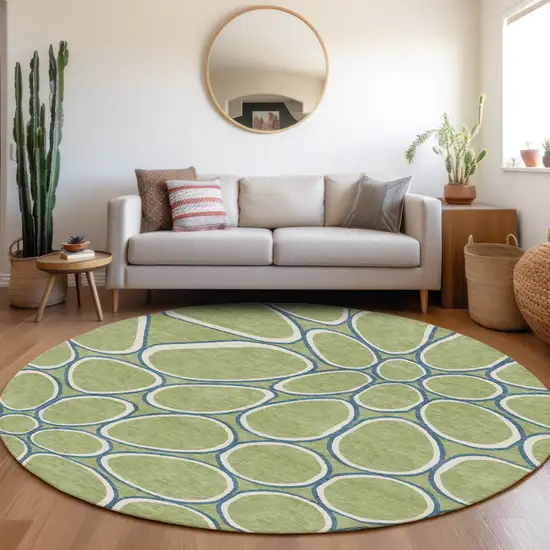 8' Artichoke Green And Ivory Round Abstract Washable Indoor Outdoor Area Rug Photo 6
