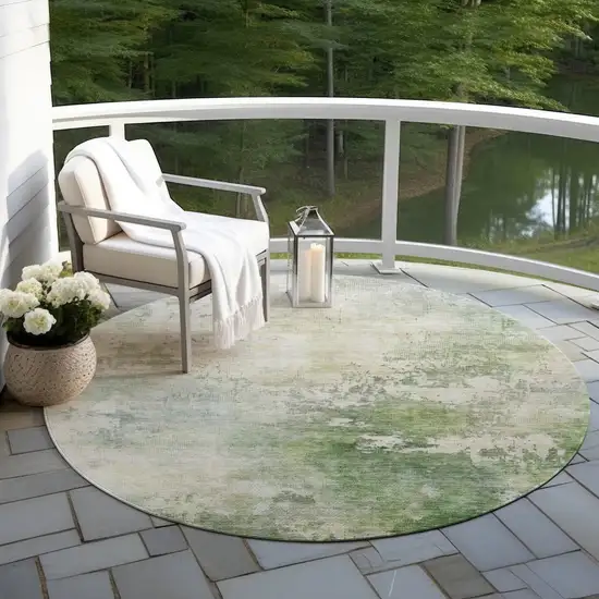 8' Artichoke Green And Ivory Round Abstract Washable Indoor Outdoor Area Rug Photo 6