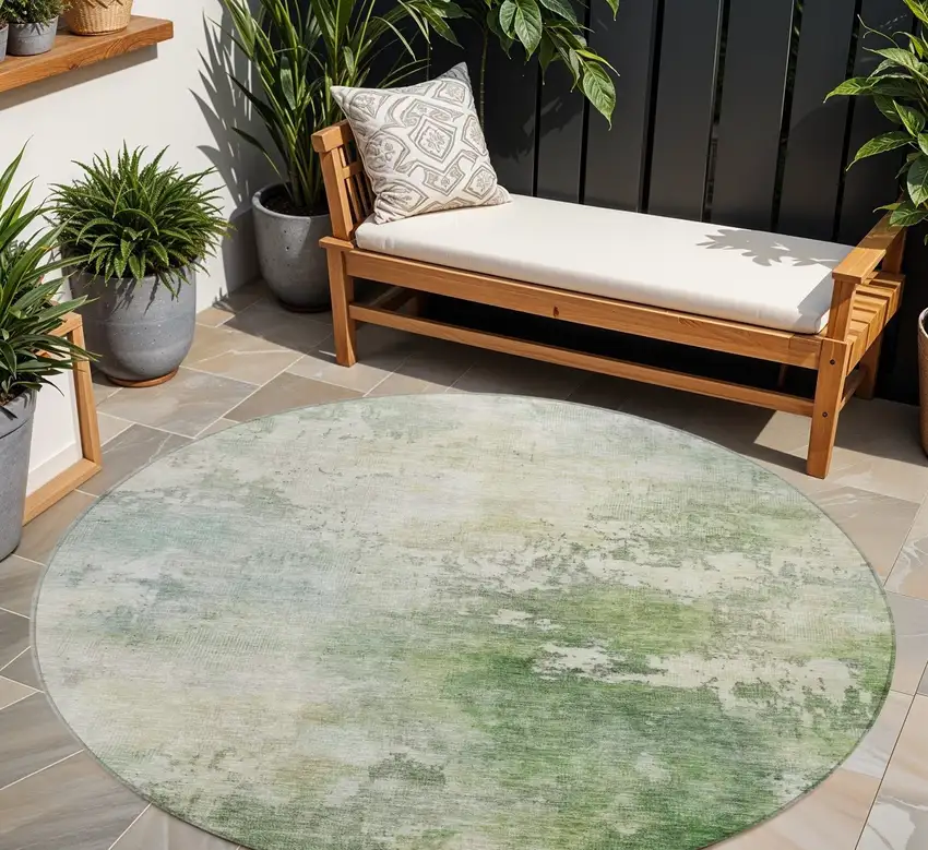 8' Artichoke Green And Ivory Round Abstract Washable Indoor Outdoor Area Rug Photo 1