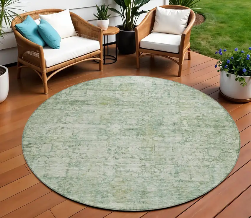 8' Artichoke Green And Ivory Round Abstract Washable Indoor Outdoor Area Rug Photo 2