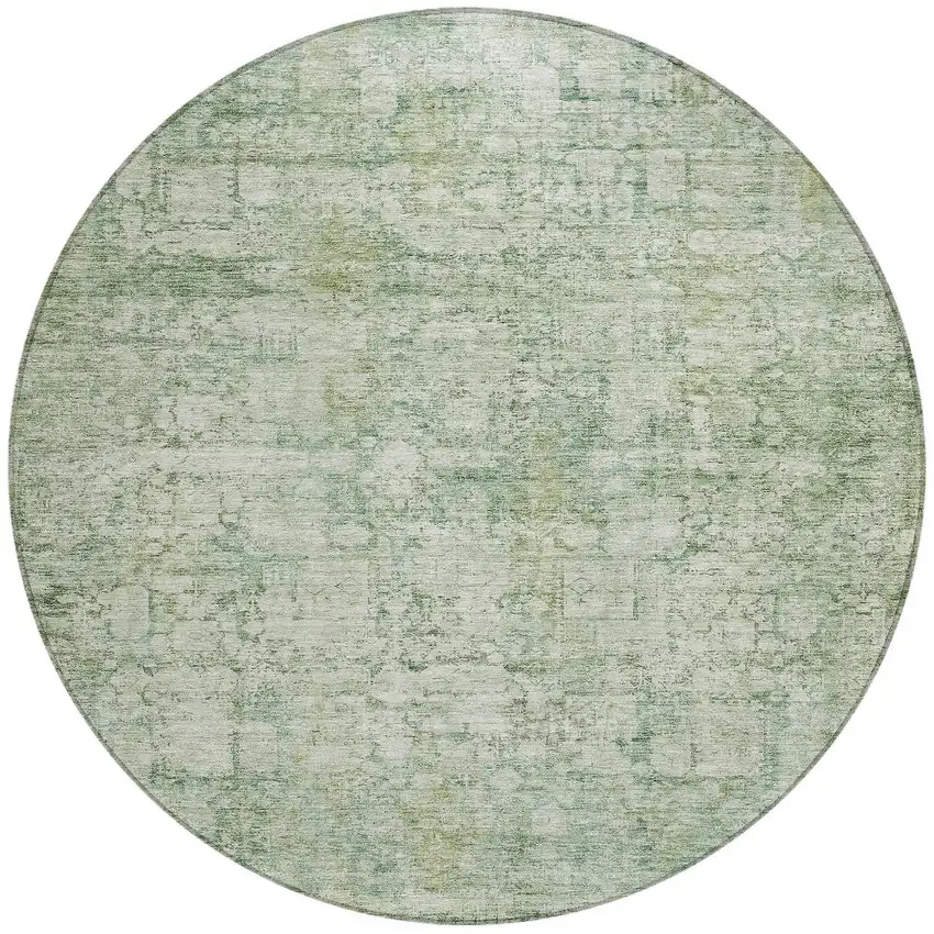 8' Artichoke Green And Ivory Round Abstract Washable Indoor Outdoor Area Rug Photo 3
