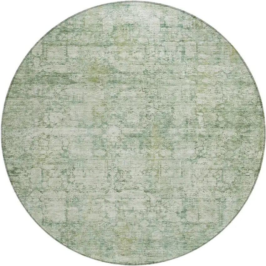 8' Artichoke Green And Ivory Round Abstract Washable Indoor Outdoor Area Rug Photo 1