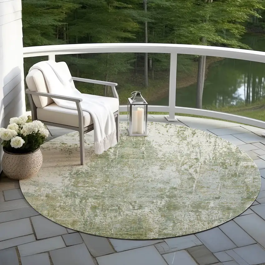 8' Artichoke Green And Ivory Round Abstract Washable Indoor Outdoor Area Rug Photo 5