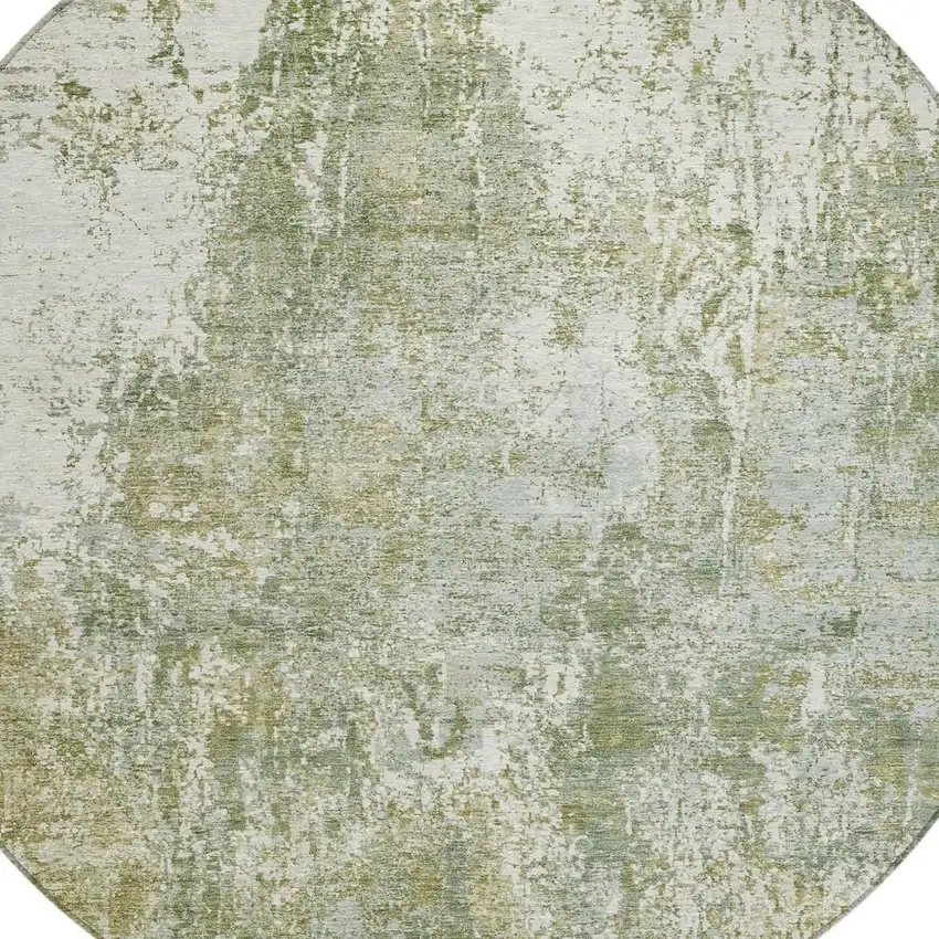 8' Artichoke Green And Ivory Round Abstract Washable Indoor Outdoor Area Rug Photo 4