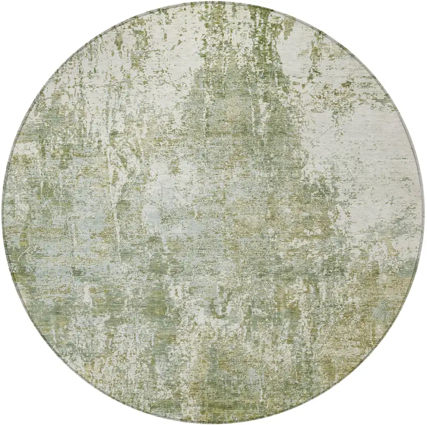 8' Artichoke Green And Ivory Round Abstract Washable Indoor Outdoor Area Rug Photo 3