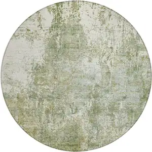 Photo of 8' Artichoke Green And Ivory Round Abstract Washable Indoor Outdoor Area Rug