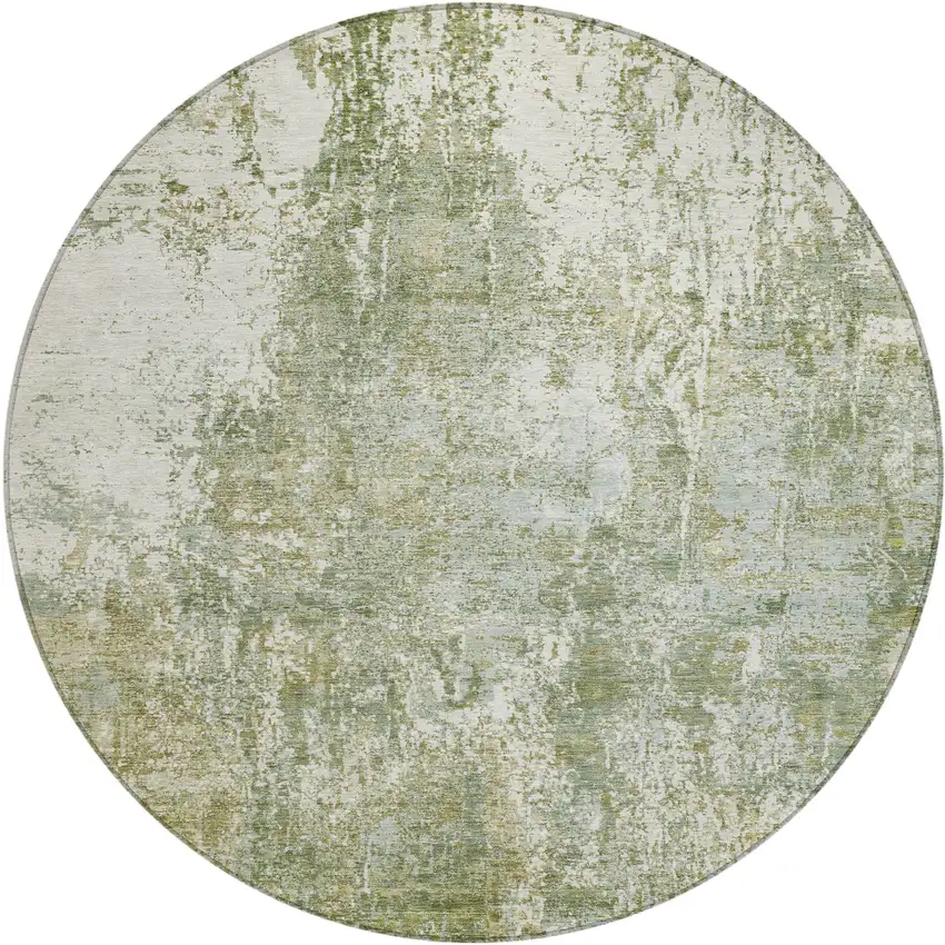 8' Artichoke Green And Ivory Round Abstract Washable Indoor Outdoor Area Rug Photo 1