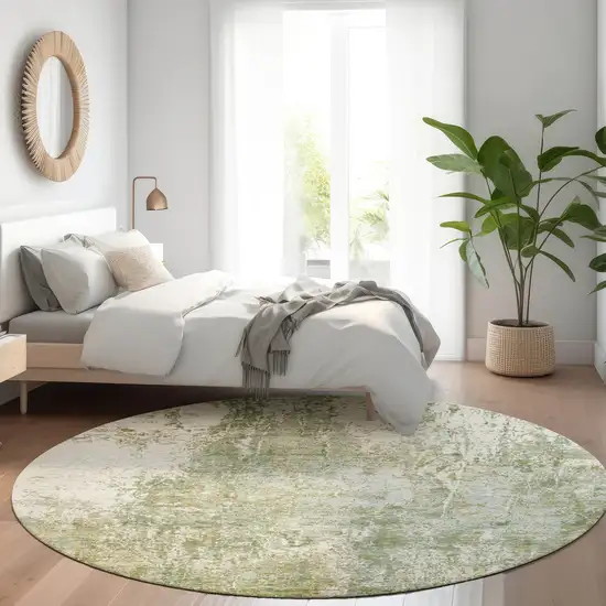 8' Artichoke Green And Ivory Round Abstract Washable Indoor Outdoor Area Rug Photo 6