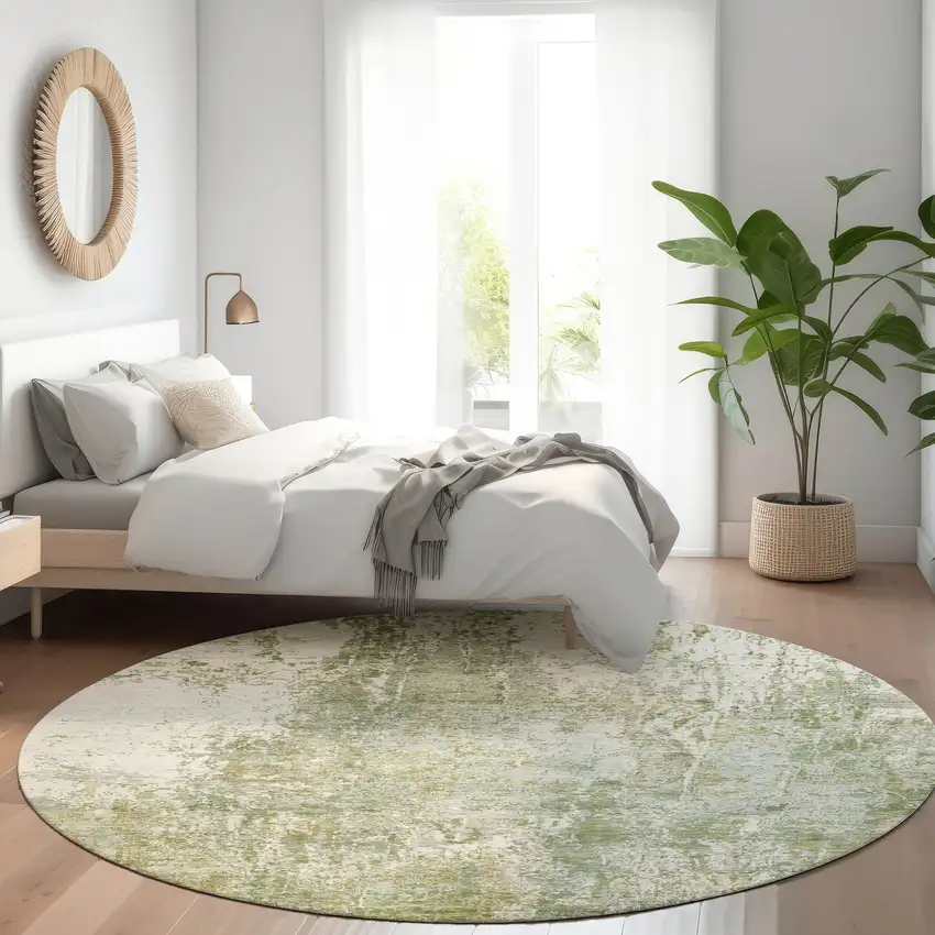 8' Artichoke Green And Ivory Round Abstract Washable Indoor Outdoor Area Rug Photo 6