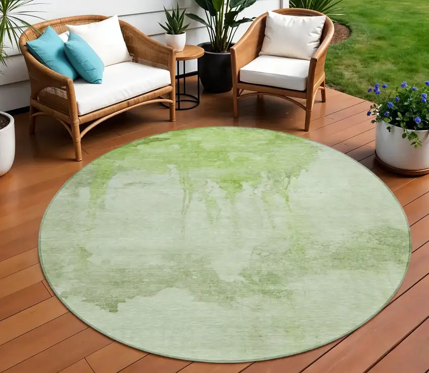 8' Artichoke Green And Ivory Round Abstract Washable Indoor Outdoor Area Rug Photo 2