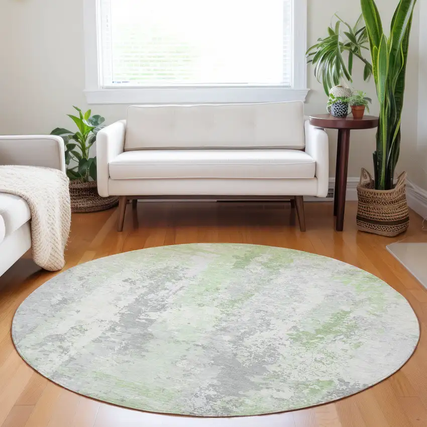 8' Artichoke Green And Ivory Round Abstract Washable Indoor Outdoor Area Rug Photo 6