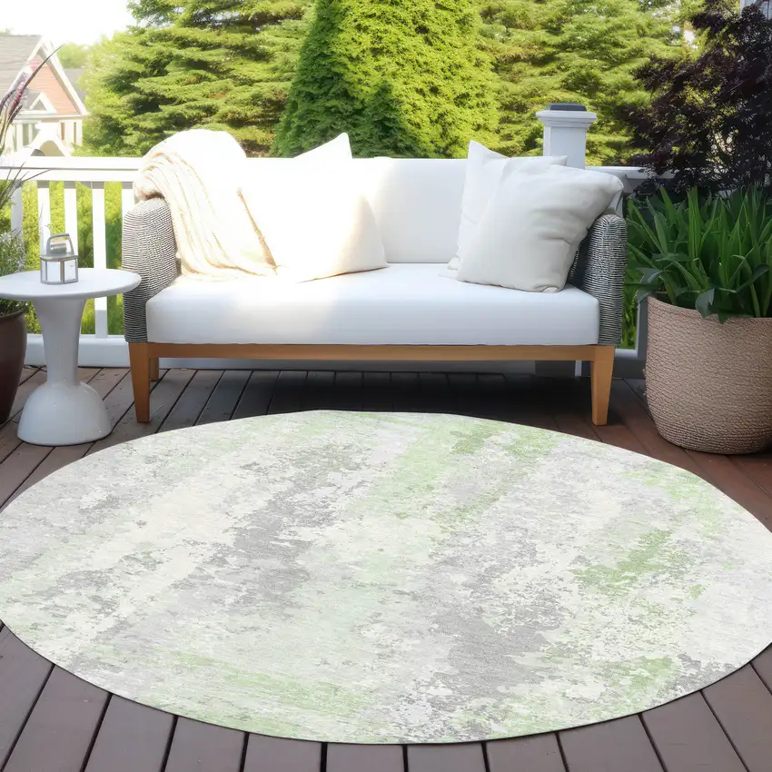 8' Artichoke Green And Ivory Round Abstract Washable Indoor Outdoor Area Rug Photo 5