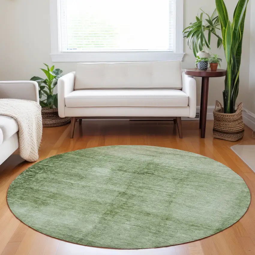 8' Artichoke Green And Ivory Round Abstract Washable Indoor Outdoor Area Rug Photo 6