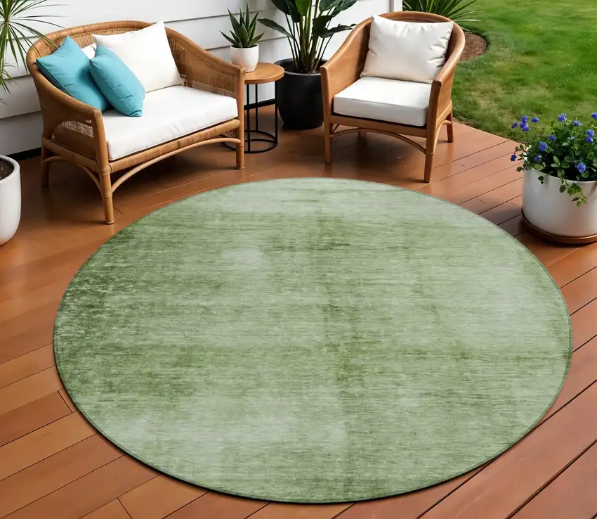 8' Artichoke Green And Ivory Round Abstract Washable Indoor Outdoor Area Rug Photo 2