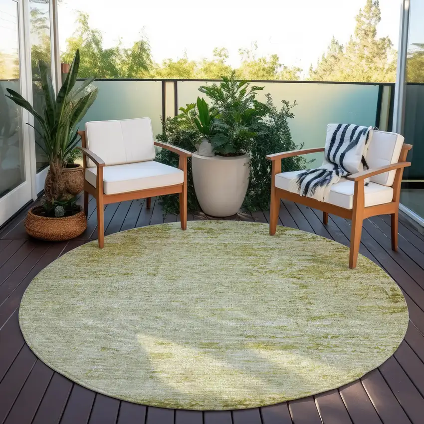 8' Artichoke Green And Ivory Round Abstract Washable Indoor Outdoor Area Rug Photo 6