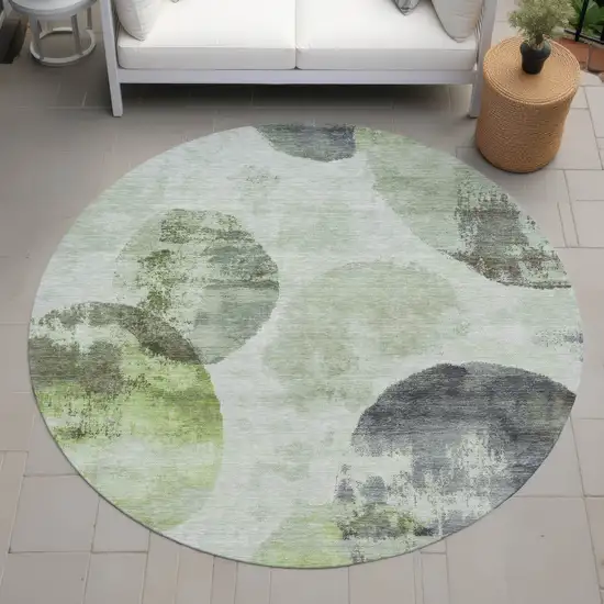 8' Artichoke Green And Ivory Round Abstract Washable Indoor Outdoor Area Rug Photo 8