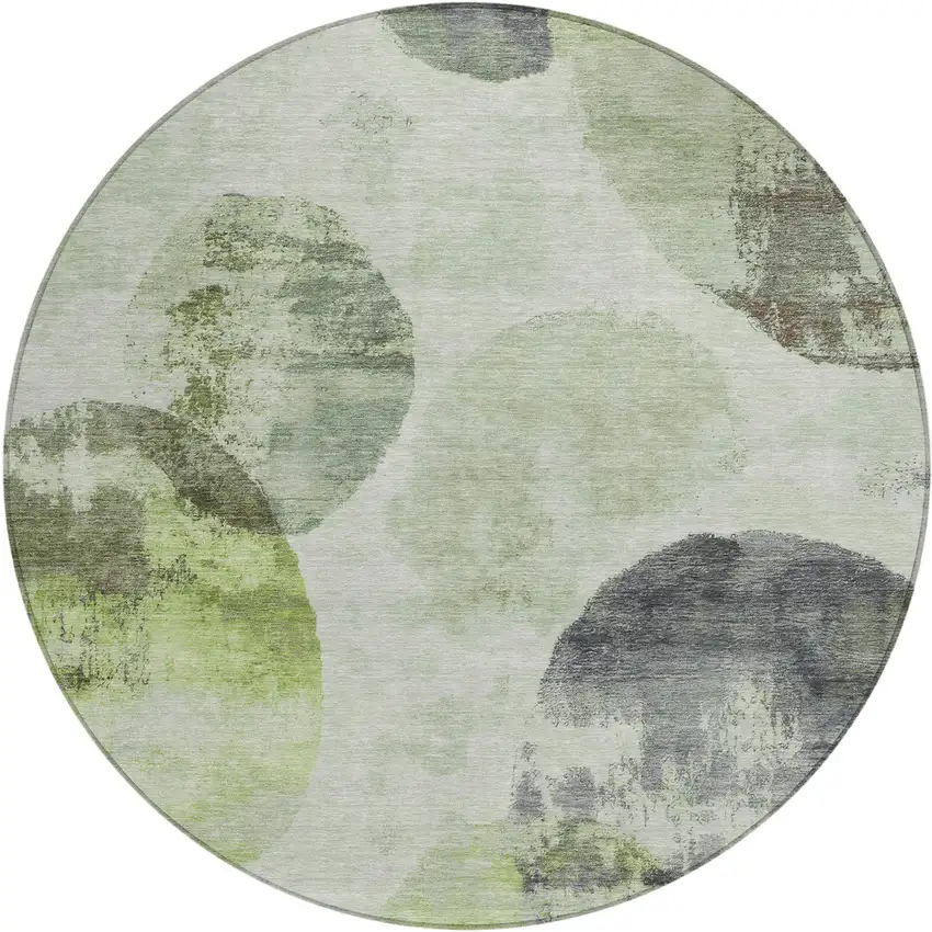 8' Artichoke Green And Ivory Round Abstract Washable Indoor Outdoor Area Rug Photo 2