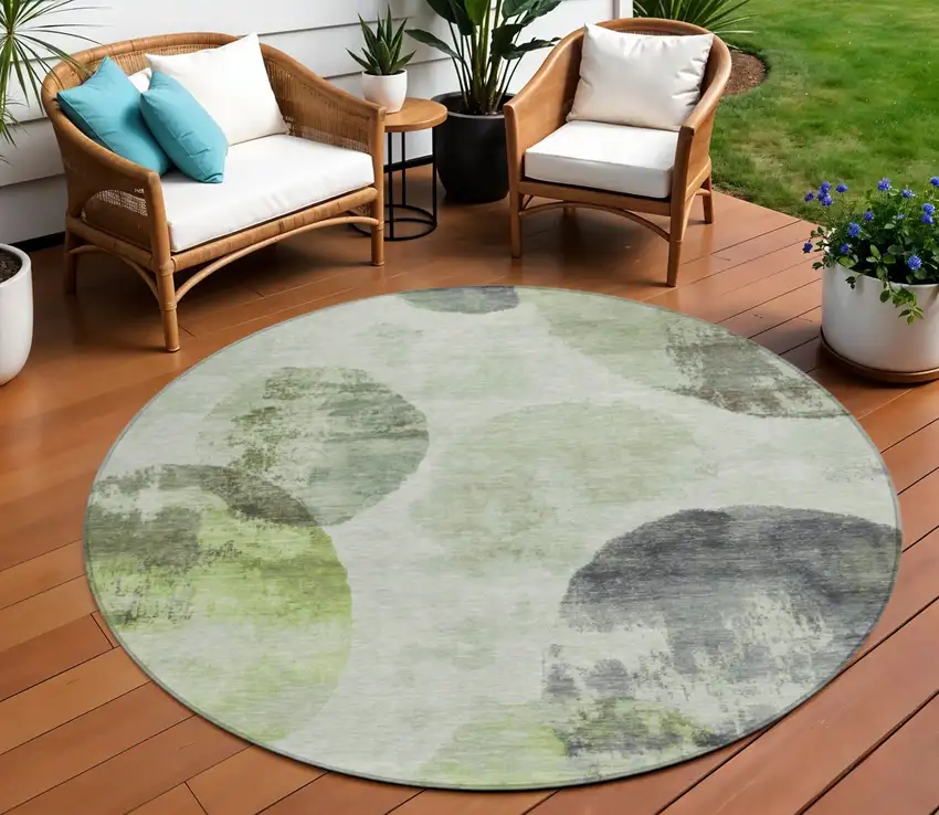 8' Artichoke Green And Ivory Round Abstract Washable Indoor Outdoor Area Rug Photo 1