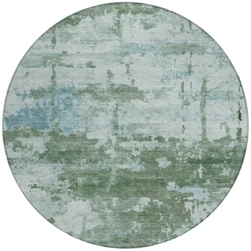 8' Artichoke Green And Ivory Round Abstract Washable Indoor Outdoor Area Rug Photo 3