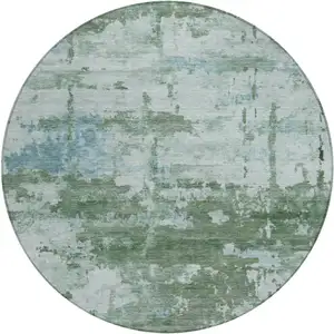Photo of 8' Artichoke Green And Ivory Round Abstract Washable Indoor Outdoor Area Rug