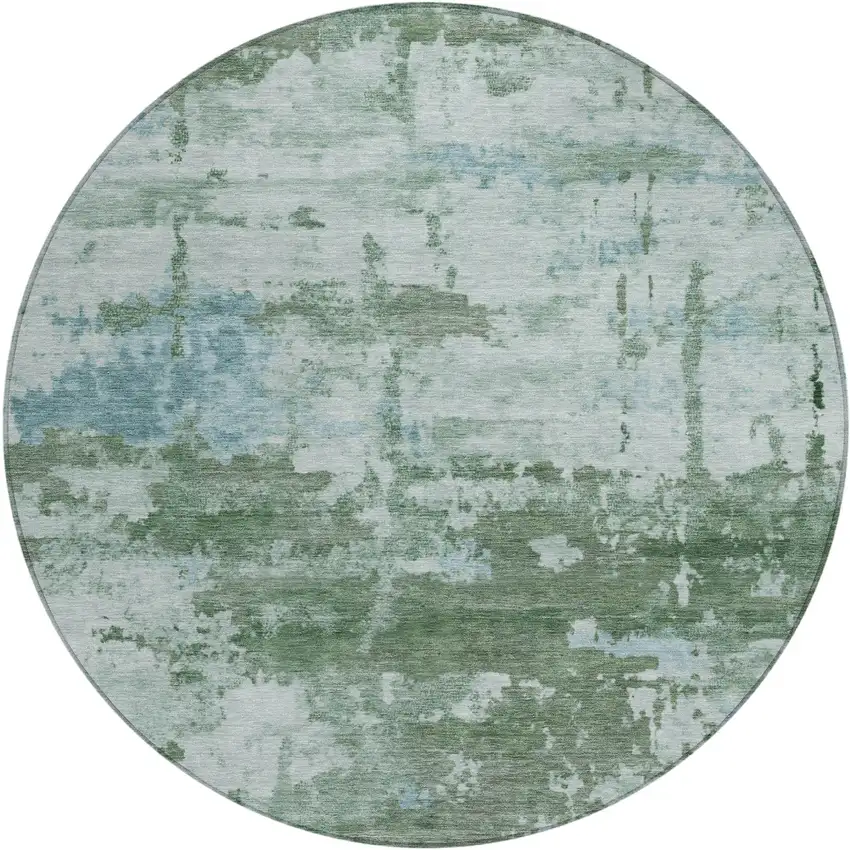 8' Artichoke Green And Ivory Round Abstract Washable Indoor Outdoor Area Rug Photo 1