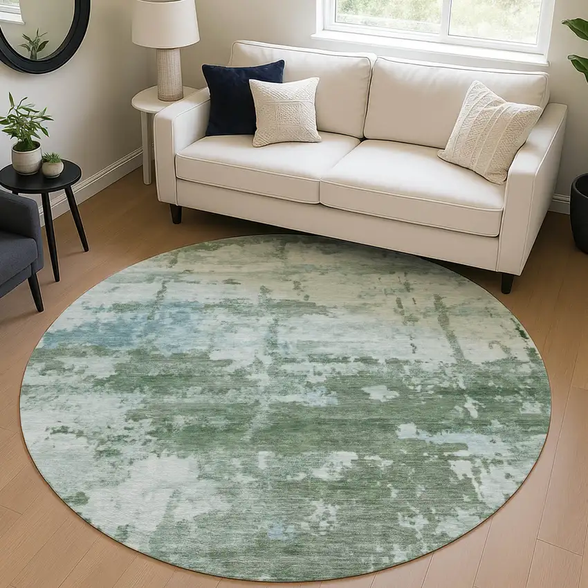 8' Artichoke Green And Ivory Round Abstract Washable Indoor Outdoor Area Rug Photo 5