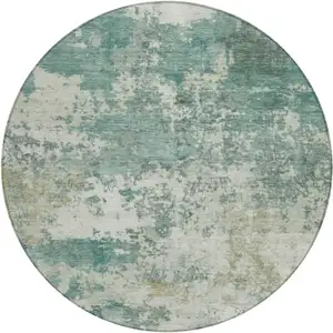 Photo of 8' Artichoke Green And Ivory Round Abstract Washable Indoor Outdoor Area Rug