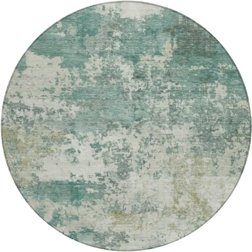 8' Artichoke Green And Ivory Round Abstract Washable Indoor Outdoor Area Rug Photo 1