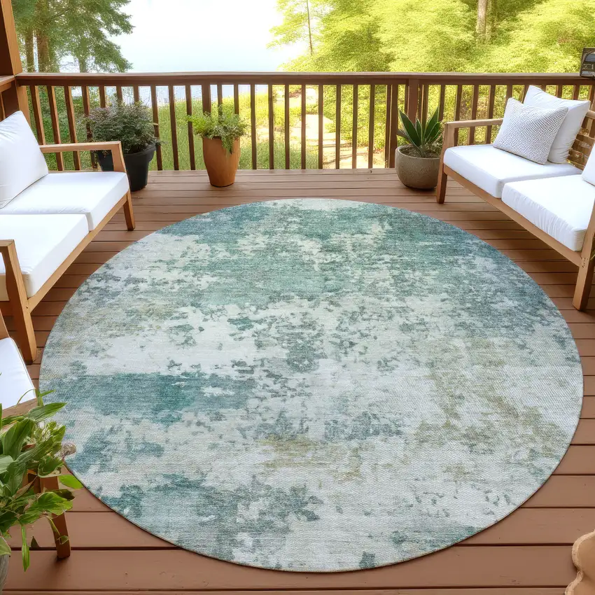8' Artichoke Green And Ivory Round Abstract Washable Indoor Outdoor Area Rug Photo 4