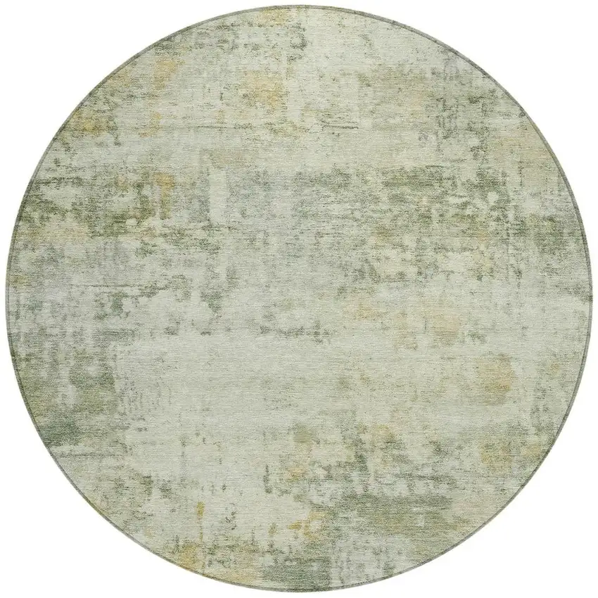 8' Artichoke Green And Ivory Round Abstract Washable Indoor Outdoor Area Rug Photo 3