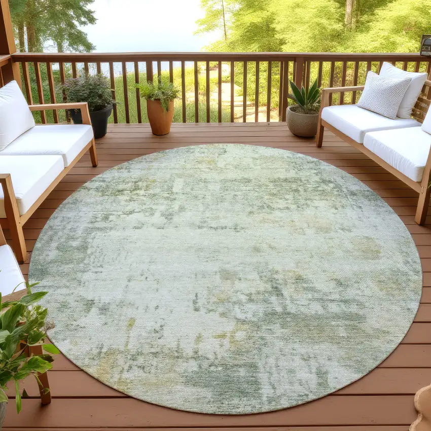 8' Artichoke Green And Ivory Round Abstract Washable Indoor Outdoor Area Rug Photo 4