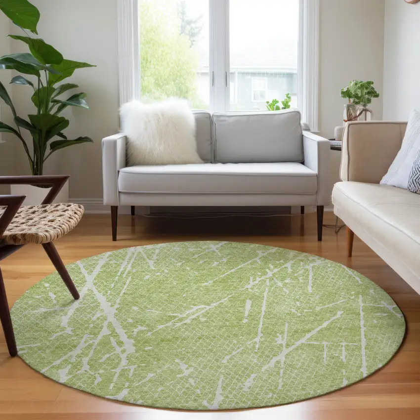 8' Artichoke Green And Ivory Round Abstract Washable Indoor Outdoor Area Rug Photo 5