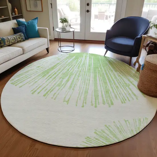 8' Artichoke Green And Ivory Round Abstract Washable Indoor Outdoor Area Rug Photo 7