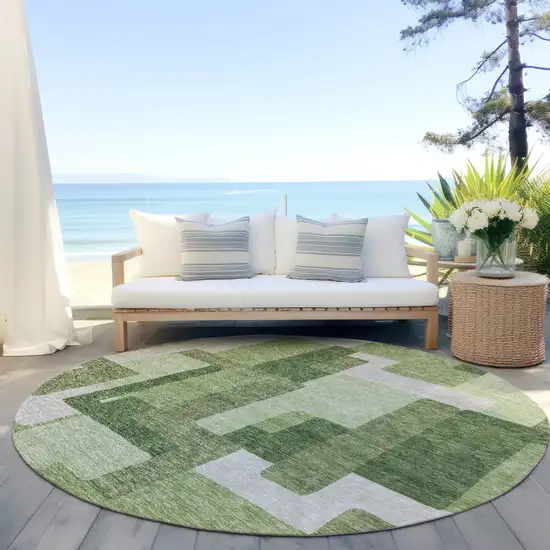 8' Artichoke Green And Ivory Round Abstract Washable Indoor Outdoor Area Rug Photo 6