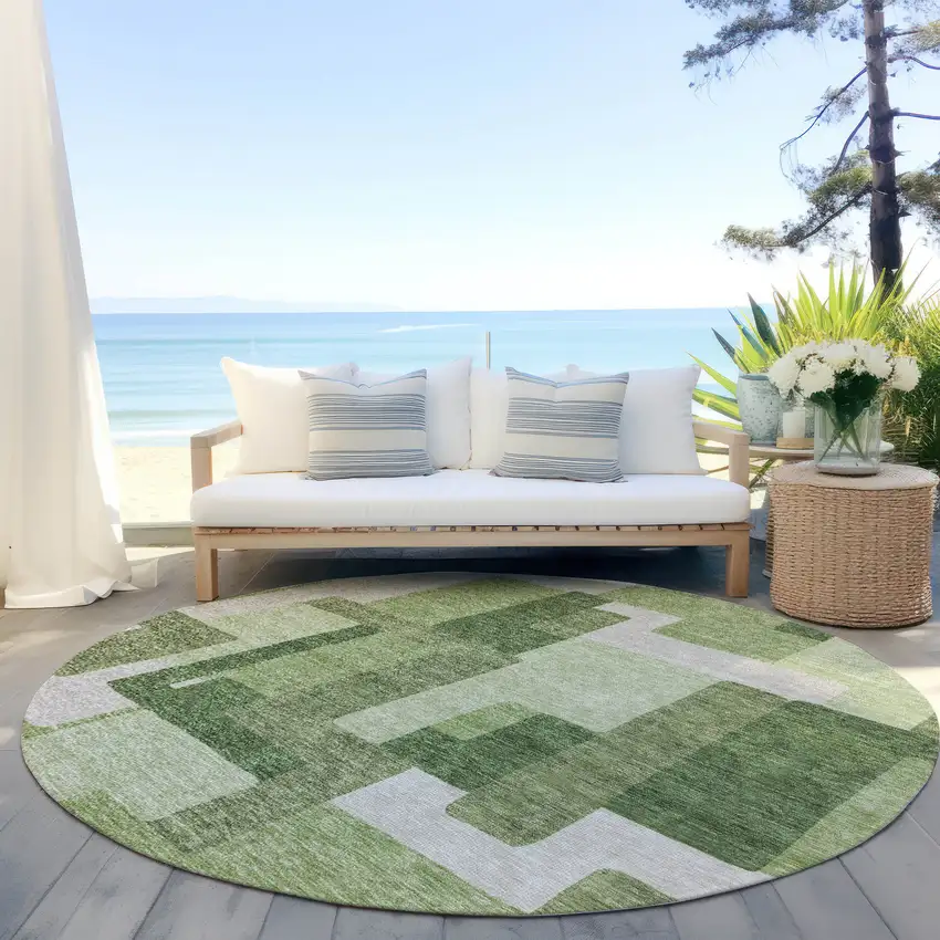 8' Artichoke Green And Ivory Round Abstract Washable Indoor Outdoor Area Rug Photo 6