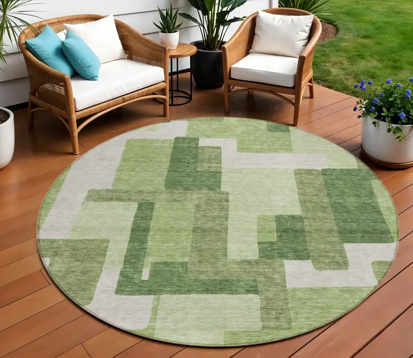 8' Artichoke Green And Ivory Round Abstract Washable Indoor Outdoor Area Rug Photo 1