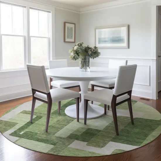 8' Artichoke Green And Ivory Round Abstract Washable Indoor Outdoor Area Rug Photo 7