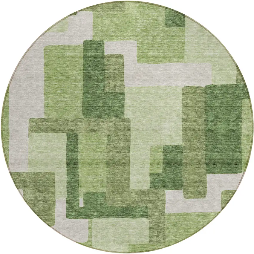 8' Artichoke Green And Ivory Round Abstract Washable Indoor Outdoor Area Rug Photo 2