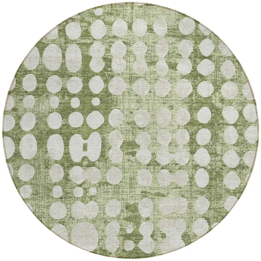 8' Artichoke Green And Ivory Round Abstract Washable Indoor Outdoor Area Rug Photo 5