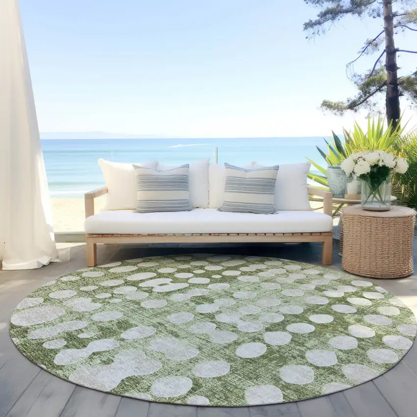 8' Artichoke Green And Ivory Round Abstract Washable Indoor Outdoor Area Rug Photo 6