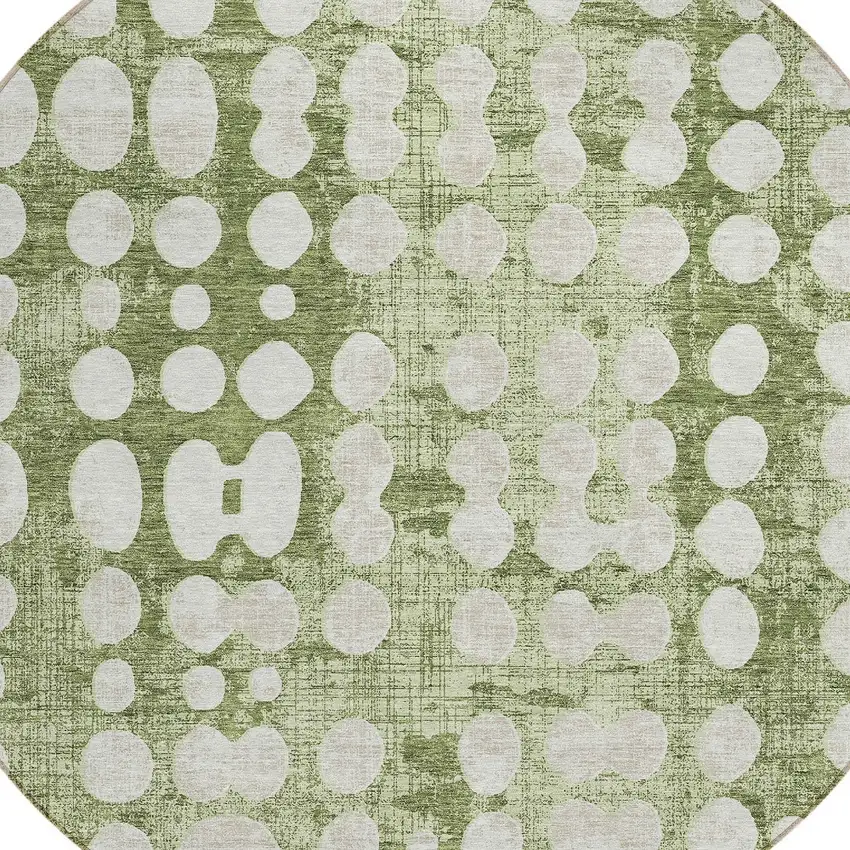 8' Artichoke Green And Ivory Round Abstract Washable Indoor Outdoor Area Rug Photo 4