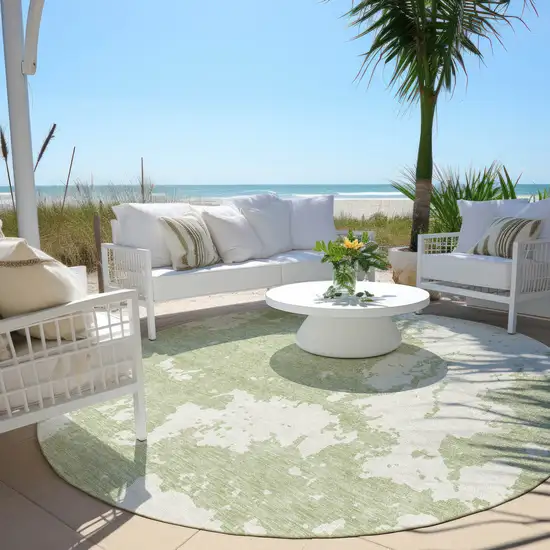 8' Artichoke Green And Ivory Round Abstract Washable Indoor Outdoor Area Rug Photo 5