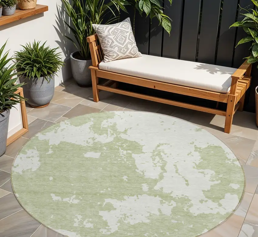8' Artichoke Green And Ivory Round Abstract Washable Indoor Outdoor Area Rug Photo 1