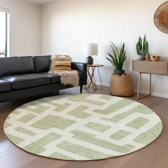 8' Artichoke Green And Ivory Round Abstract Washable Indoor Outdoor Area Rug Photo 7