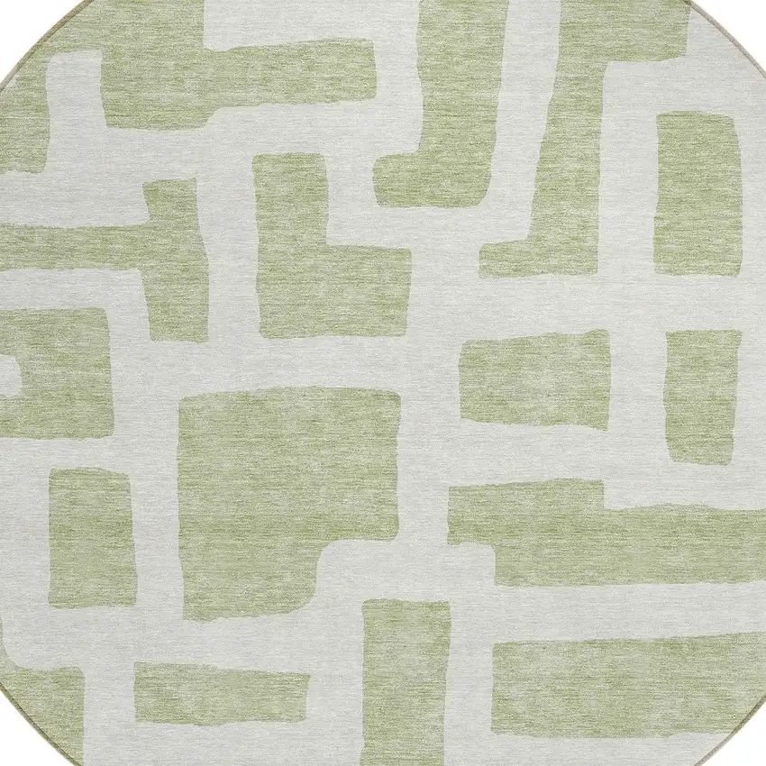 8' Artichoke Green And Ivory Round Abstract Washable Indoor Outdoor Area Rug Photo 4