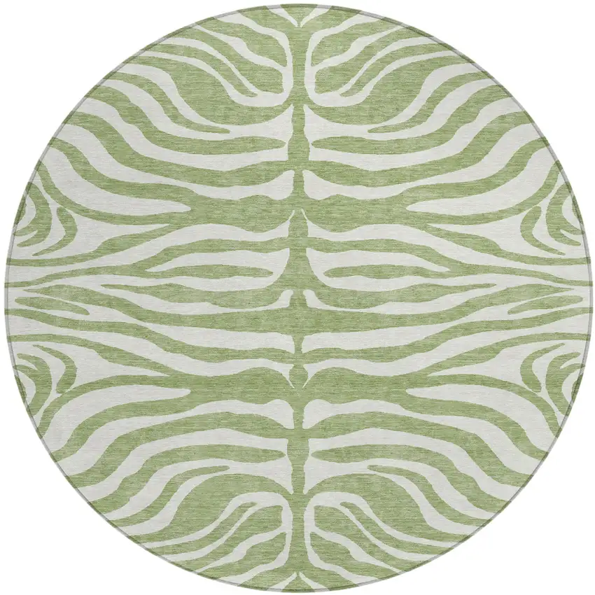 8' Artichoke Green And Ivory Round Animal Print Washable Indoor Outdoor Area Rug Photo 2