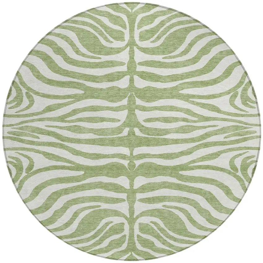 8' Artichoke Green And Ivory Round Animal Print Washable Indoor Outdoor Area Rug Photo 6
