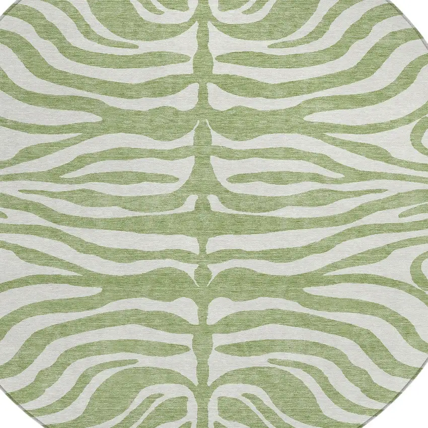 8' Artichoke Green And Ivory Round Animal Print Washable Indoor Outdoor Area Rug Photo 5