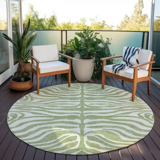 8' Artichoke Green And Ivory Round Animal Print Washable Indoor Outdoor Area Rug Photo 7